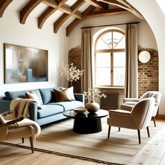 Cozy living room, vaulted ceiling with wooden beams, exposed brick wall, arched windows, blue velvet sofa, curved cream armchairs, minimalist coffee table, neutral color palette, natural light, textur