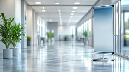 Obraz premium Modern corridor with plants and a blank board for presentations in a well-lit space.