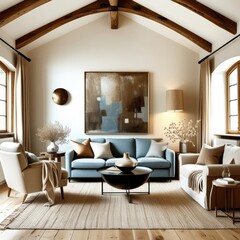 Fototapeta premium Cozy living room, vaulted ceiling with wooden beams, exposed brick wall, arched windows, blue velvet sofa, curved cream armchairs, minimalist coffee table, neutral color palette, natural light, textur