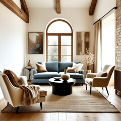 Cozy living room, vaulted ceiling with wooden beams, exposed brick wall, arched windows, blue velvet sofa, curved cream armchairs, minimalist coffee table, neutral color palette, natural light, textur