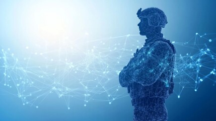 Digital Silhouette of a Soldier Against a Futuristic Blue Background Representing Technology, Security, and Modern Warfare Concepts