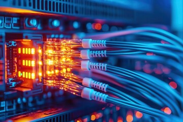 Fototapeta premium Fiber optic networks transmit data via lasers. Vibrant network cables connected to a data server.