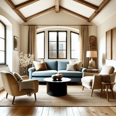 Cozy living room, vaulted ceiling with wooden beams, exposed brick wall, arched windows, blue velvet sofa, curved cream armchairs, minimalist coffee table, neutral color palette, natural light, textur