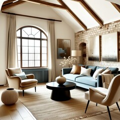 Cozy living room, vaulted ceiling with wooden beams, exposed brick wall, arched windows, blue velvet sofa, curved cream armchairs, minimalist coffee table, neutral color palette, natural light, textur