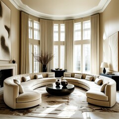 Luxurious circular living room, curved cream sofas, high ceilings, large windows, natural light, modern black coffee table, neutral color palette, minimalist decor, elegant interior design, architectu