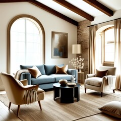Cozy living room, vaulted ceiling with wooden beams, exposed brick wall, arched windows, blue velvet sofa, curved cream armchairs, minimalist coffee table, neutral color palette, natural light, textur