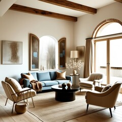 Cozy living room, vaulted ceiling with wooden beams, exposed brick wall, arched windows, blue velvet sofa, curved cream armchairs, minimalist coffee table, neutral color palette, natural light, textur