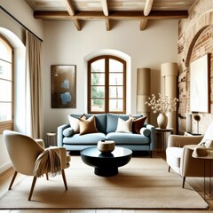 Fototapeta premium Cozy living room, vaulted ceiling with wooden beams, exposed brick wall, arched windows, blue velvet sofa, curved cream armchairs, minimalist coffee table, neutral color palette, natural light, textur