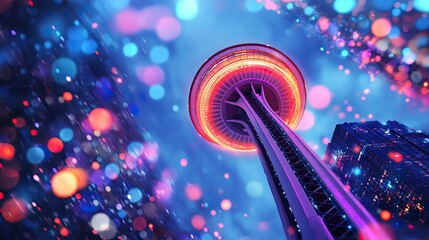 A futuristic tower glowing with pulsating neon lights in an abstract city. 