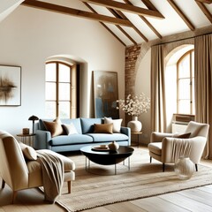 Cozy living room, vaulted ceiling with wooden beams, exposed brick wall, arched windows, blue velvet sofa, curved cream armchairs, minimalist coffee table, neutral color palette, natural light, textur