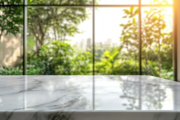 Empty marble table top with blurred green nature background.