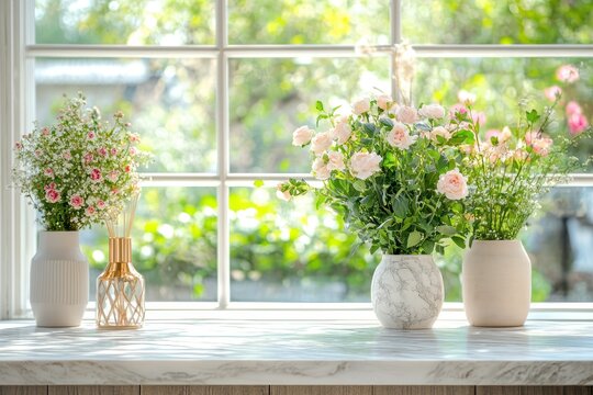 Fototapeta Sunlit window sill with three flower bouquets in vases.
