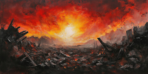 Apocalyptic World Destruction Depicted in Vivid Acrylic Painting with Textured Brushwork