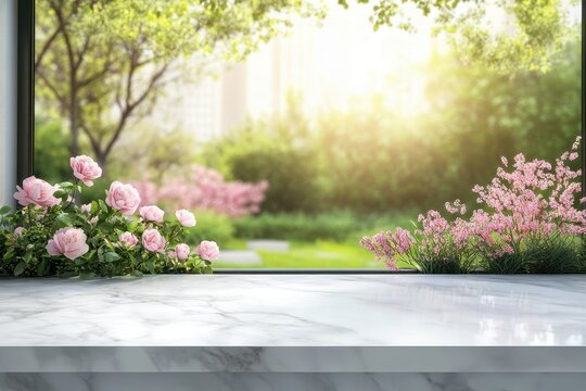 Fototapeta Marble countertop with pink roses and spring garden view.