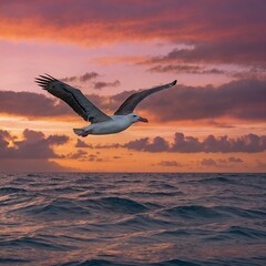 Fototapeta premium An albatross gliding over the open ocean beneath a radiant pink and orange sky.