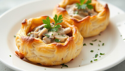 Top view of vol-au-vent: flaky pastry cups filled with creamy chicken and mushroom sauce, garnished with parsley
