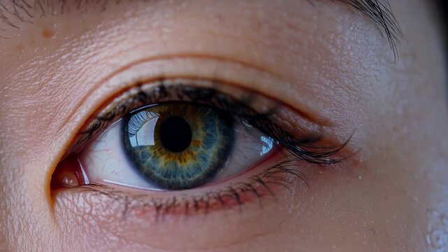 Green-Yellow Heterochromic Eye with Radial Iris Pattern, Pale Skin and Well-Groomed Eyebrow against Indoor Blurred Backdrop for Educational or Artistic Purposes