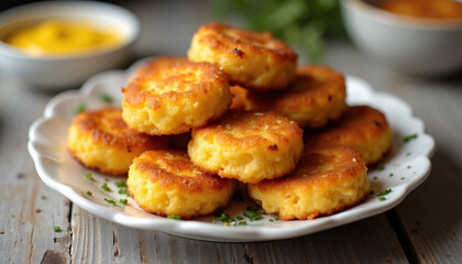Golden malakoff cheese pancakes served on a small white plate with mustard against a rustic background