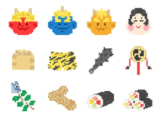 いろいろな、節分のドット絵のイラストセット