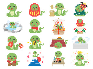 巳年の、蛇のキャラクターのドット絵のイラストセット