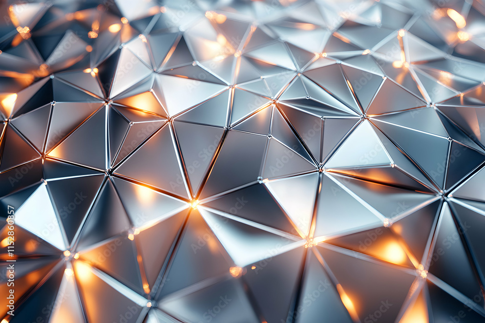 Poster abstract metallic triangular background, glowing geometric pattern with shimmering, reflective surfa