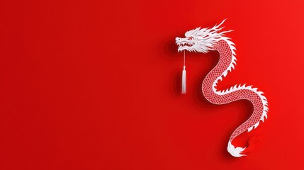 Obraz premium Red Dragon Paper Cut with Shadows on a Red Background