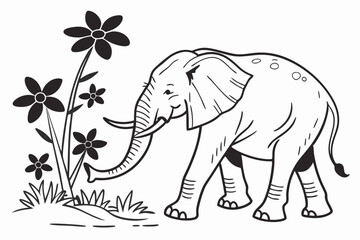 An elephant is bending down to smell the flowers black color line art white background D.eps