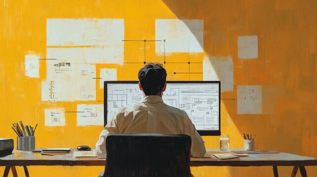 Businessman or engineer working on business process automation or algorithm with flowchart on computer screen