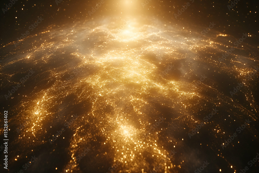 Poster golden glittering landscape, shimmering particles flowing dynamically across a dark surface with lig