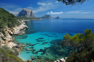 Mediterranean Coastal Paradise, Turquoise Waters, Rugged Cliffs, and Sunny Skies.  Island views with clear water.