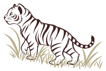 Baby tiger setting grass clean silhouette color white background A.eps