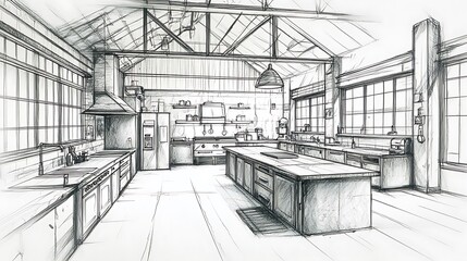 Fototapeta premium Spacious Kitchen Design: Detailed Hand-Drawn Sketch Illustration. AI Generated