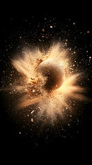 Golden Sphere Exploding, Fragments Scatter Dynamically in a Brown Dust Cloud Against a Black Background.