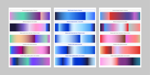 Colorful gradient palette set gradation elements plenty of colors blue tone pink purple orange gradient collection Abstract vibrant colorful gradient swatches set badge label ribbon bold square tape