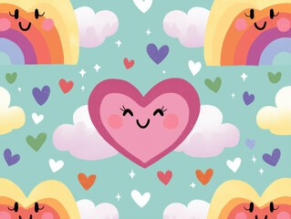 Valentine's sweet heart. Colorful pattern featuring rainbows, hearts, and clouds with a cheerful vibe.