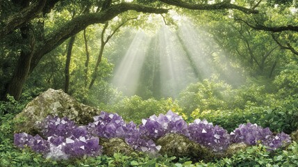 Naklejka premium Amethyst Geodes in Serene Forest Sunlight