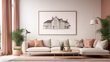 ISO and frame mockup the size of a paper. Mockup of a wall poster for the living room. mockup of the interior with a house backdrop. contemporary interior design. 3D model