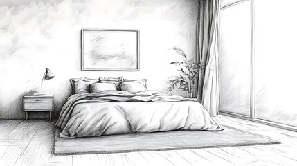Serene Bedroom Sketch: A Beautifully Rendered Interior Illustration. AI Generated