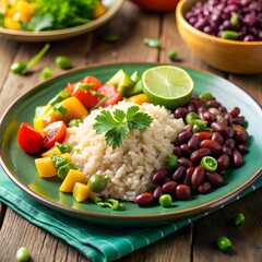A vibrant dish features fluffy rice paired with black beans, fresh tomatoes, peppers, and a lime wedge. The setting showcases a sunlit outdoor table filled with colorful ingredients