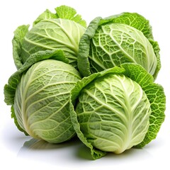 Obraz premium Four vibrant green cabbages rest together, showcasing their tightly curled leaves and fresh appearance, ready for culinary use in salads, stir-fries, or soups