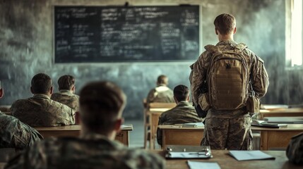 Soldier in Classroom Setting Observes Fellow Military Personnel During Training Session with Blackboard Full of Calculations and Notes