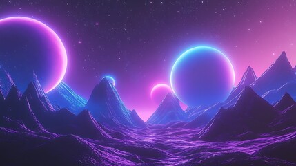 Obraz premium Vibrant Neon Planets Glowing Mysteriously Over a Silhouetted Mountain Range: A Stunning 3D Render in a Retrofuturistic Style. AI Generated