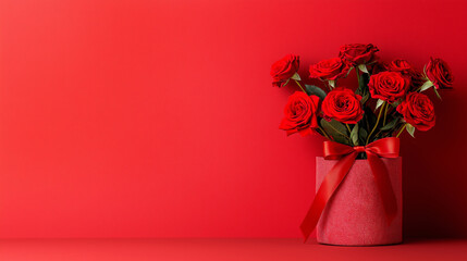 Elegant red roses with ribbon on a vibrant red background