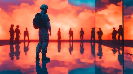 Fototapeta premium Soldier Standing Alone in Front of Reflective Surfaces with Soldiers' Silhouettes Against a Vibrant Sunset Sky and Dramatic Clouds in the Background