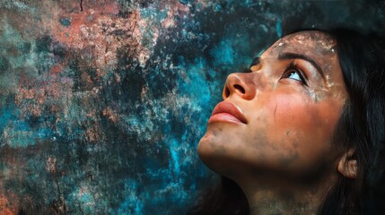 Portrait happy young woman thinking dreaming has many ideas looking up isolated grey wall background. Positive human face expression emotion feeling life perception. Decision making process concept. 