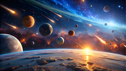 Fictional Planetary Surface with Glowing Galaxies and Floating Meteors. Perfect for: Cosmic art exhibits, space fantasy events, storytelling themes