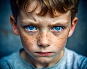 A young boy with bright blue eyes and freckles displays a serious expression, capturing a moment of deep thought and emotion. His focused gaze draws attention to his contemplative mood
