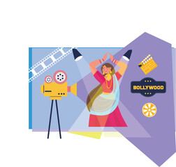 An illustration of a retro Bollywood couple dance, featuring a couple in traditional Bollywood attire performing a vibrant dance in a vintage style. 