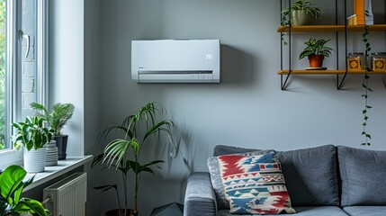 Modern living room interior with wall-mounted air conditioner and potted plants.