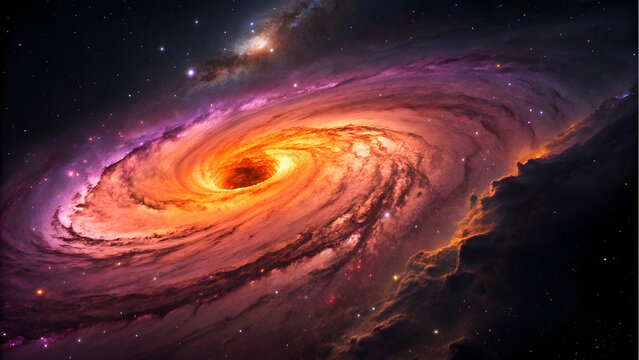 Spiraling Gas Cloud Around a Black Hole with Color Transition. Perfect for: Space-themed art, cosmic phenomena exhibits, stargazing events